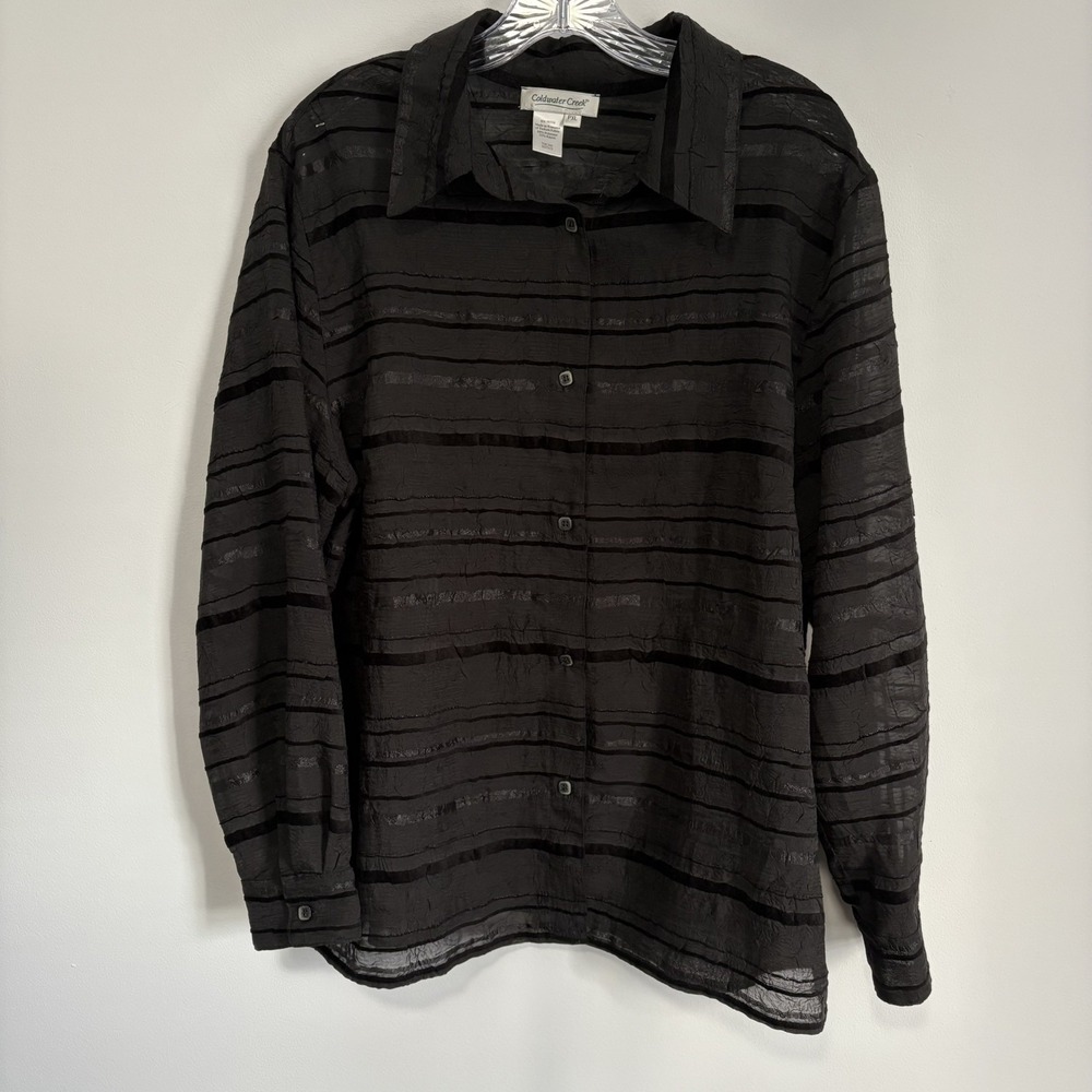 Coldwater Creek Women's Sheer Crinkle Top Size‎ PXL Black Striped Velvet Burnout